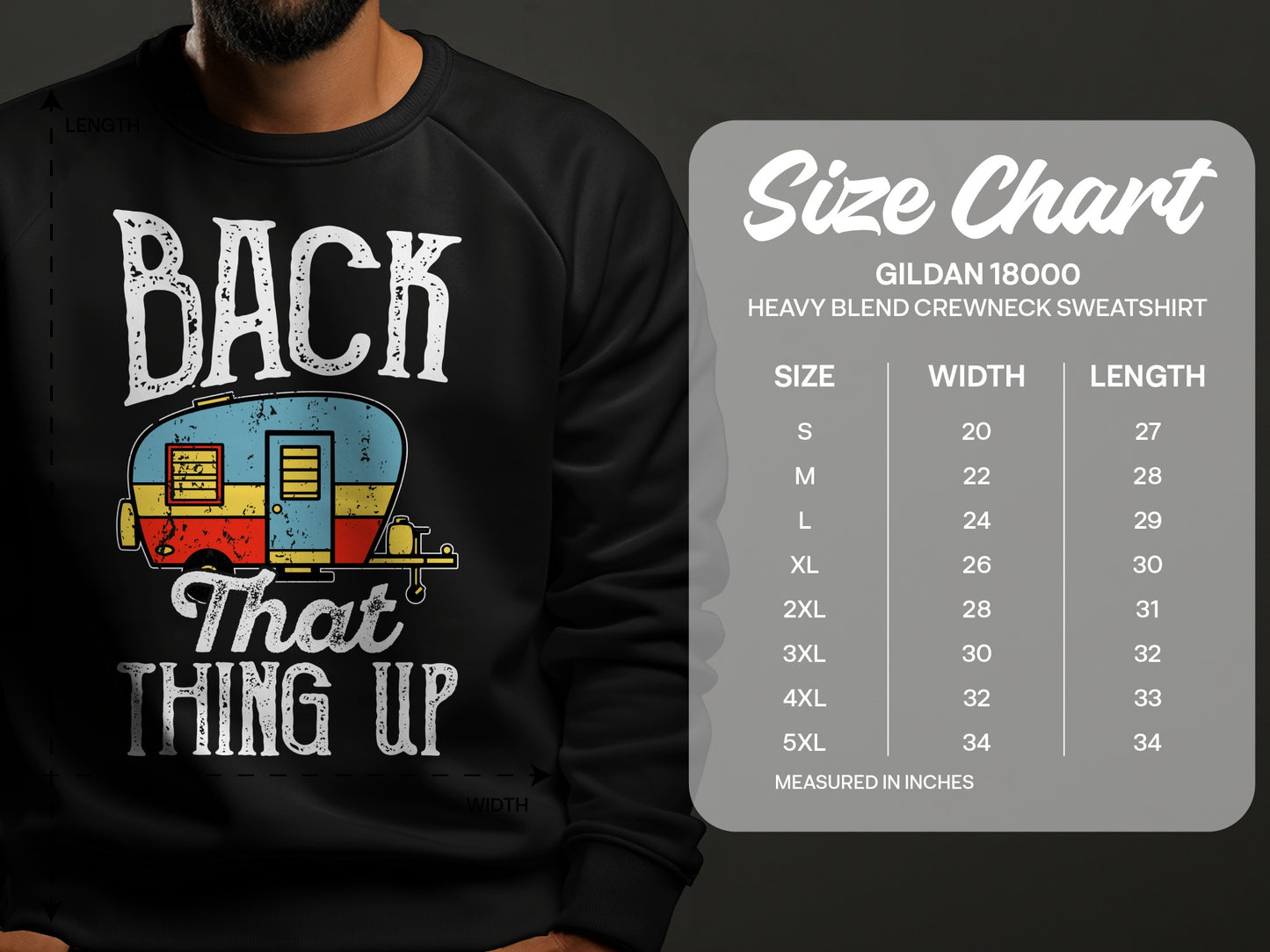 Black sweatshirt with "Back That Thing Up" and camper graphic, with size chart.