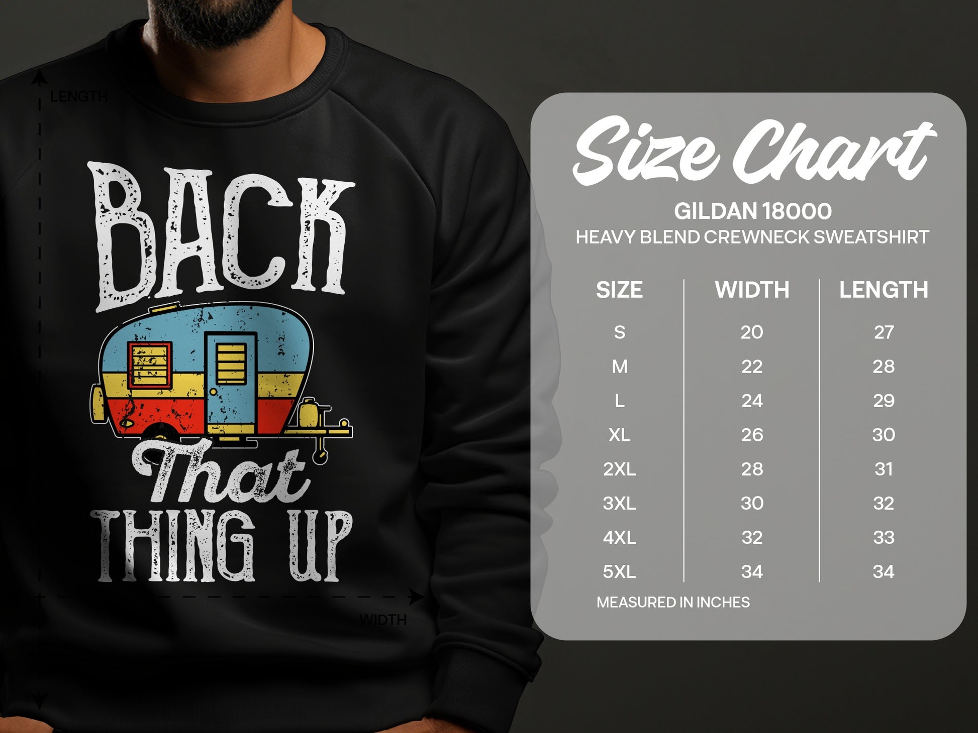 Black sweatshirt with "Back That Thing Up" and camper graphic, with size chart.