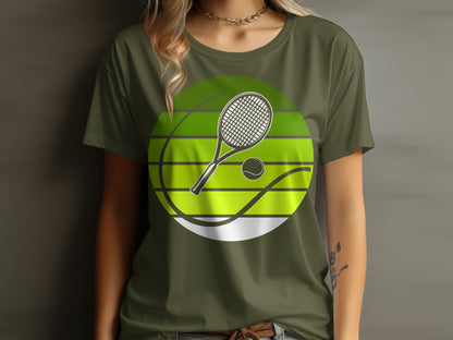 Olive green t-shirt with a circular graphic of a tennis racket and ball.