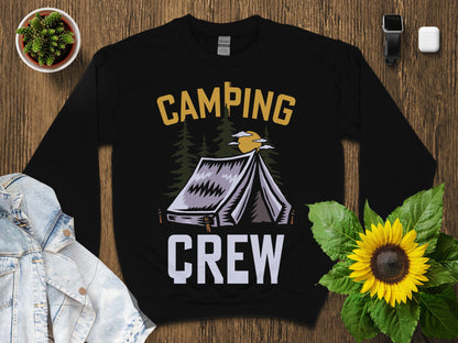 Black sweatshirt with "Camping Crew" and a tent graphic.