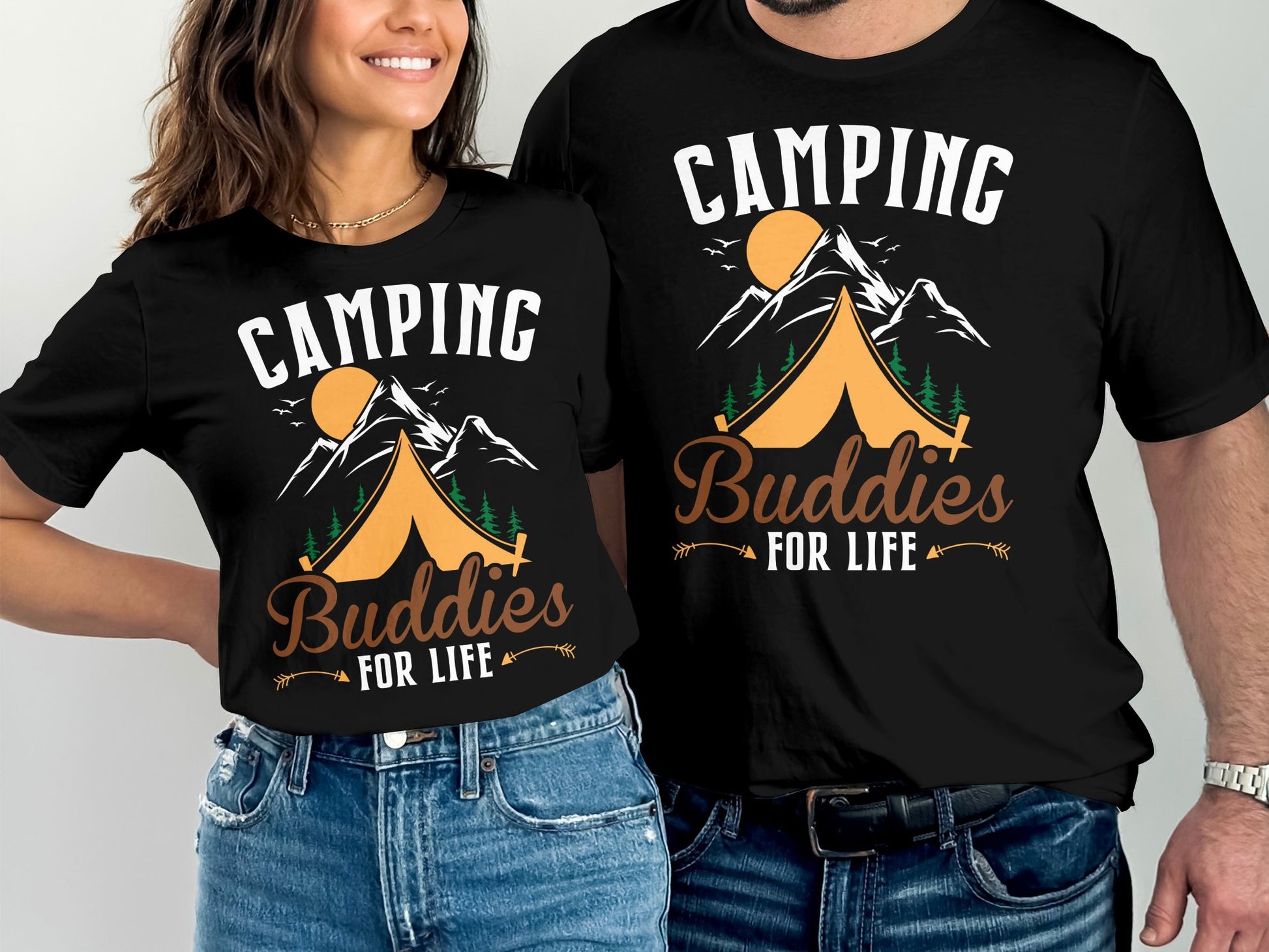 Two black t-shirts with "Camping Buddies for Life" text and mountain graphic.