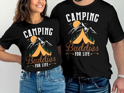 Two black t-shirts with "Camping Buddies for Life" text and mountain graphic.