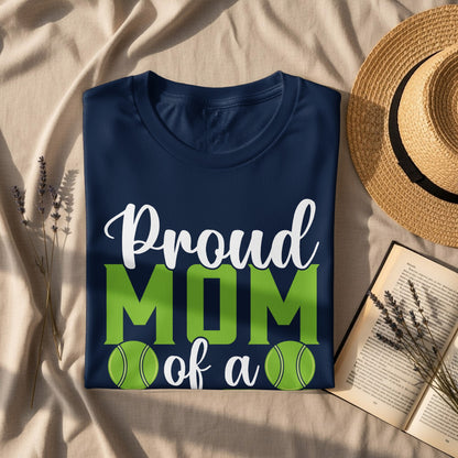 Navy t-shirt with "Proud MOM of a" text and two green tennis balls.