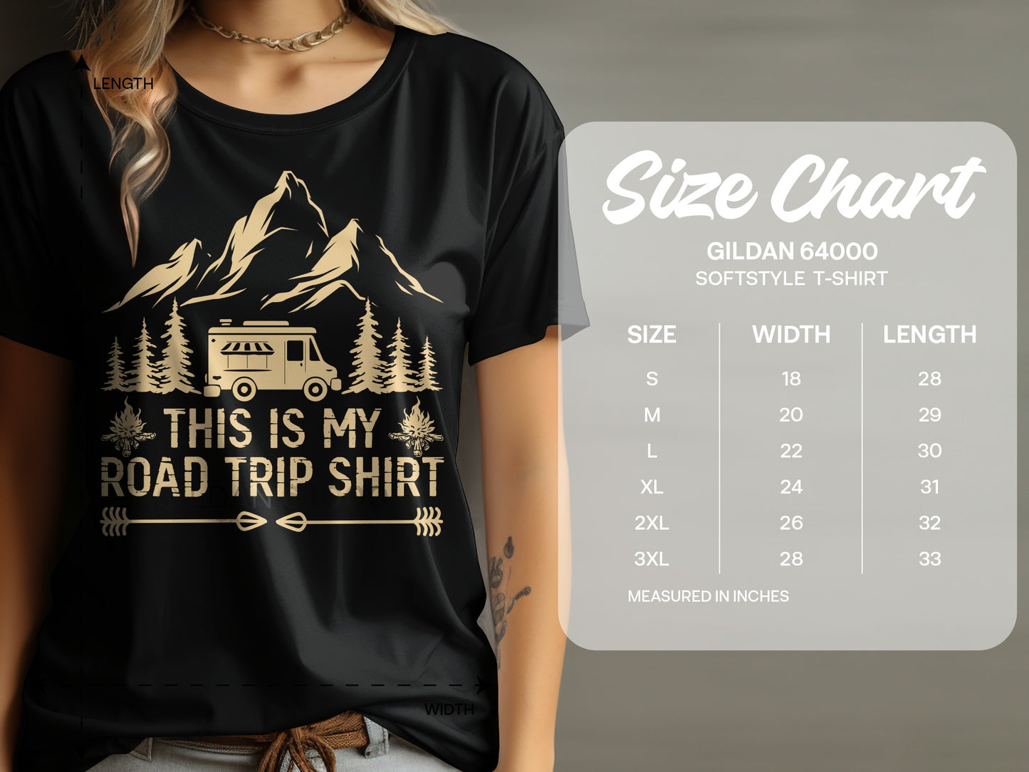 Black t-shirt with "This Is My Road Trip Shirt" graphic and size chart.