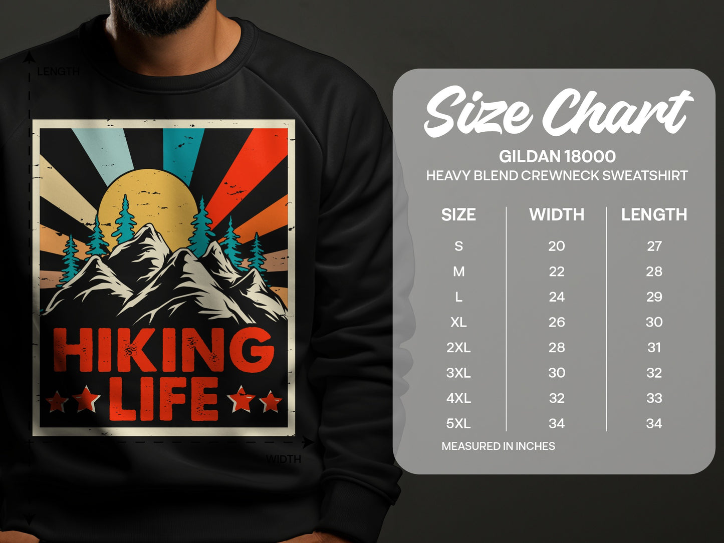 Size chart for Gildan 18000 heavy blend crewneck sweatshirt.