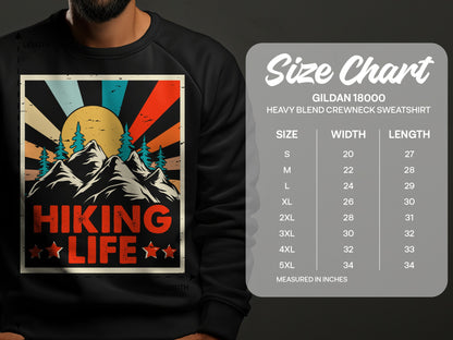 Size chart for Gildan 18000 heavy blend crewneck sweatshirt.