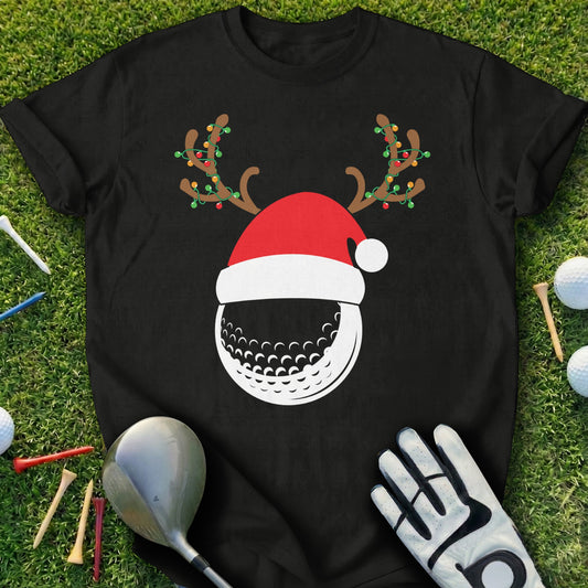 Black t-shirt with Santa hat and reindeer antlers on a golf ball.
