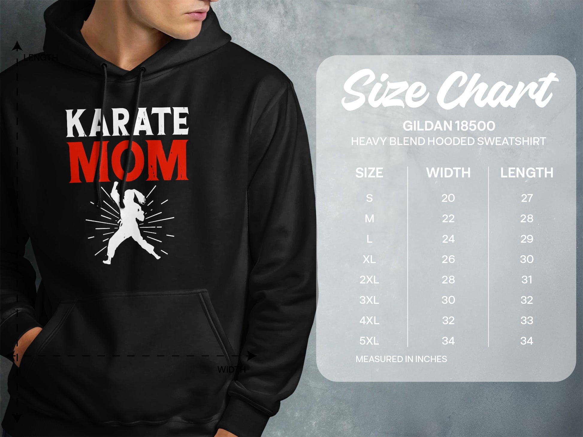 Karate Mom hooded sweatshirt with size chart.