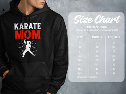 Karate Mom hooded sweatshirt with size chart.