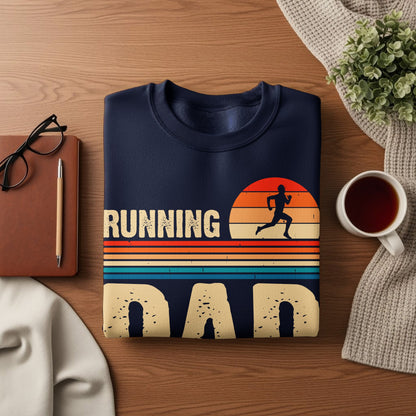 Navy sweatshirt with "Running Dad" text and a runner silhouette at sunset.