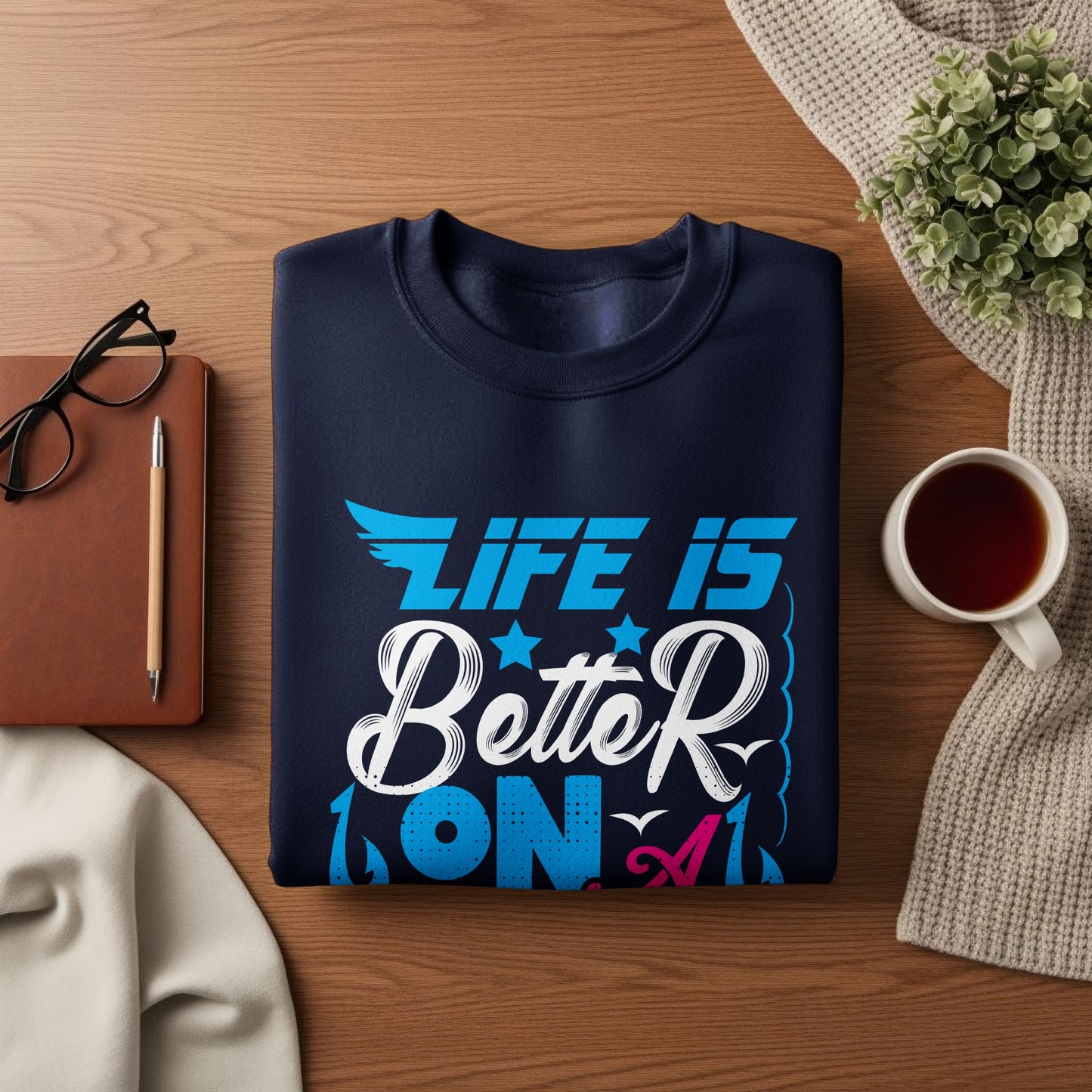Navy blue sweatshirt with "Life is Better On" text and graphic design.