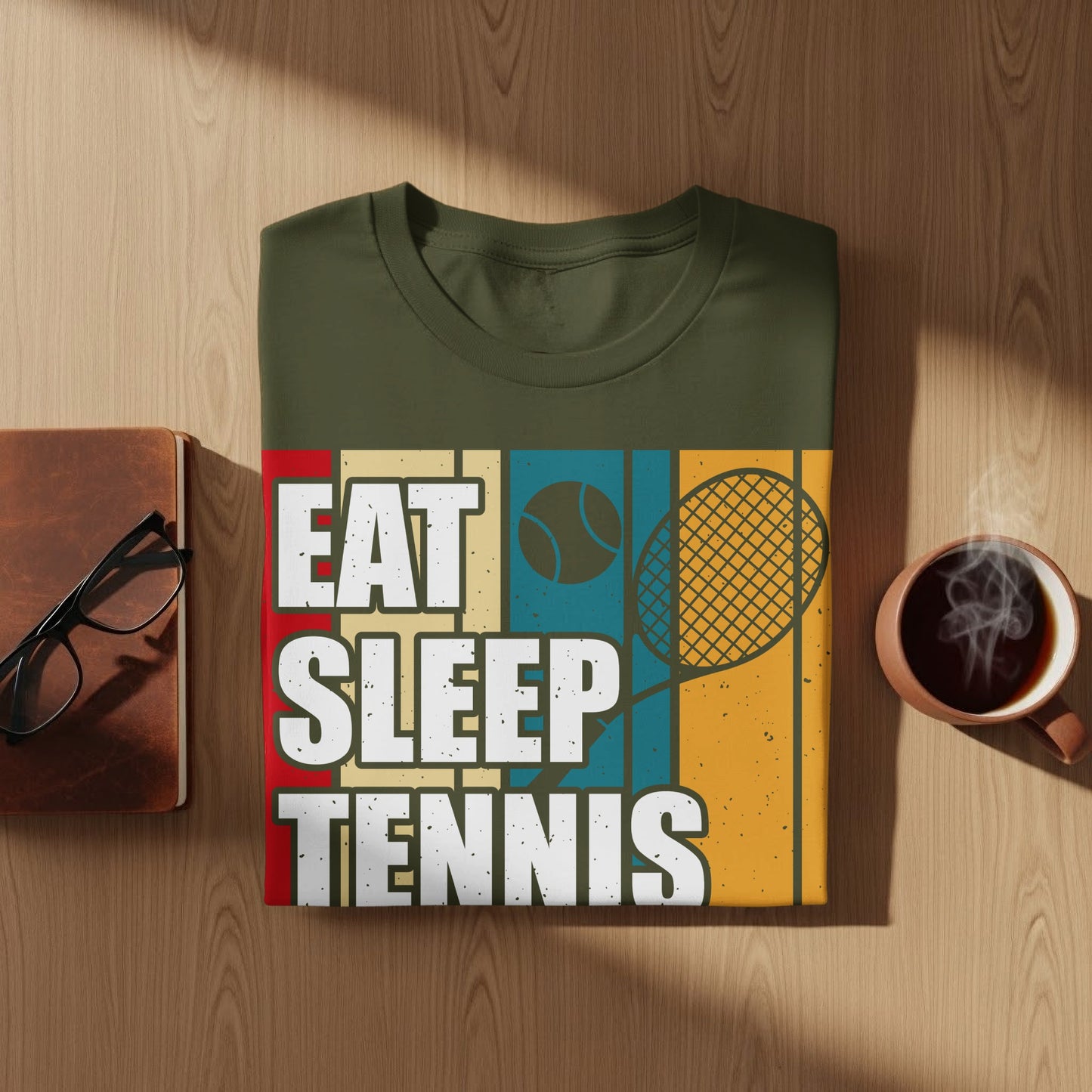Olive green t-shirt with "Eat Sleep Tennis" text and tennis racket graphic.