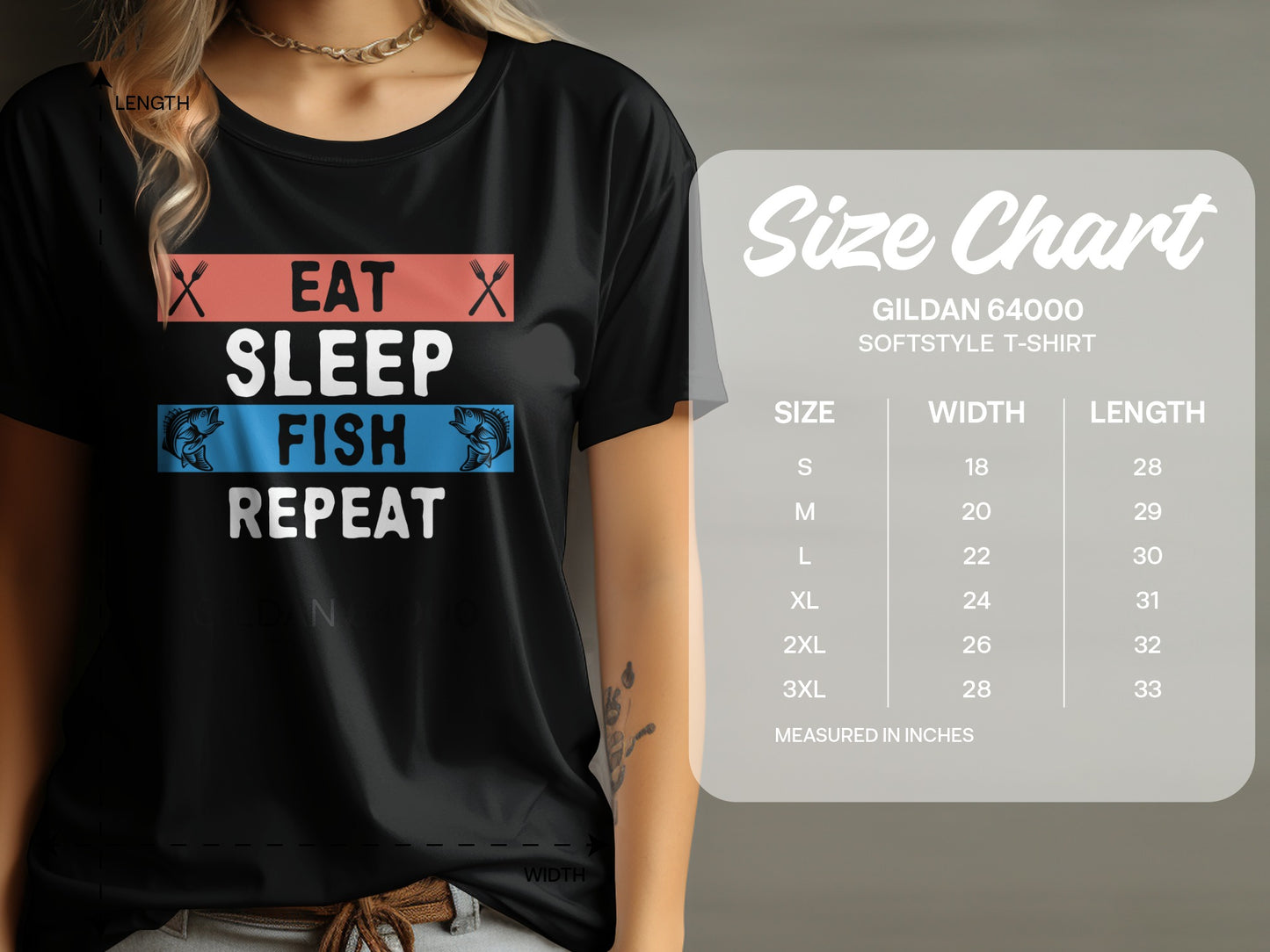 T-shirt with "Eat Sleep Fish Repeat" design and size chart.