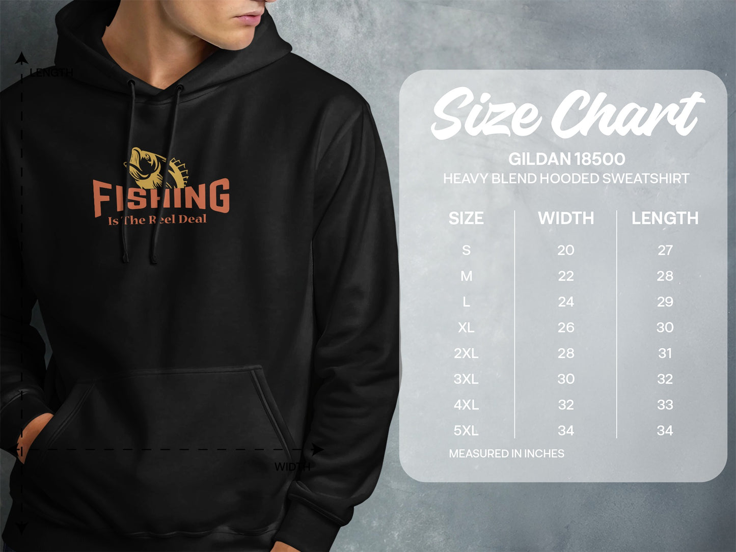 Hooded sweatshirt with "FISHING Is The Reel Deal" graphic and size chart.