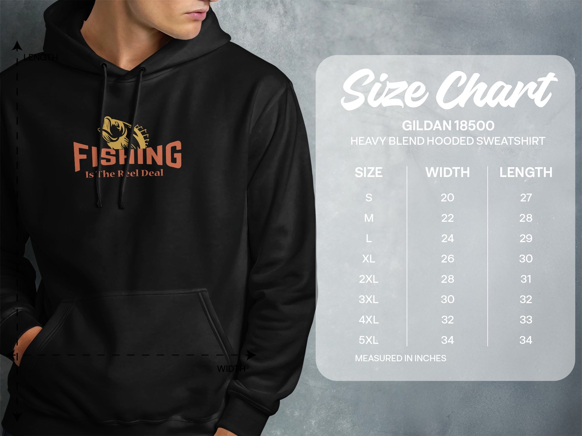 Hooded sweatshirt with "FISHING Is The Reel Deal" graphic and size chart.