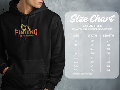 Hooded sweatshirt with "FISHING Is The Reel Deal" graphic and size chart.