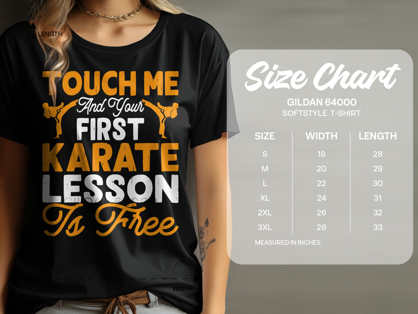 Black t-shirt with "Touch Me And Your First Karate Lesson Is Free" text and size chart.
