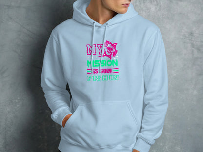 Light blue hoodie with "MY MISSION IS GON FISHIN" text and fish graphic.
