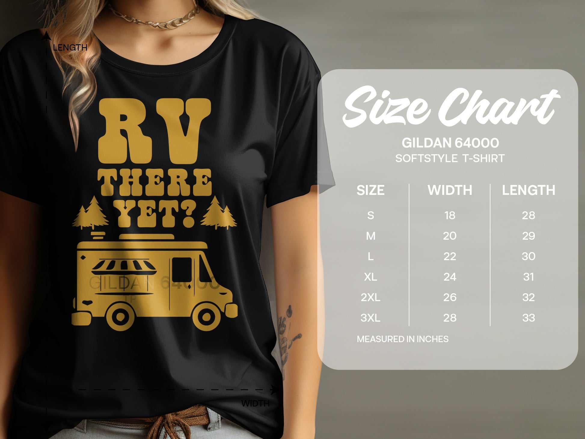 Gildan 64000 Softstyle T-Shirt size chart with RV graphic.