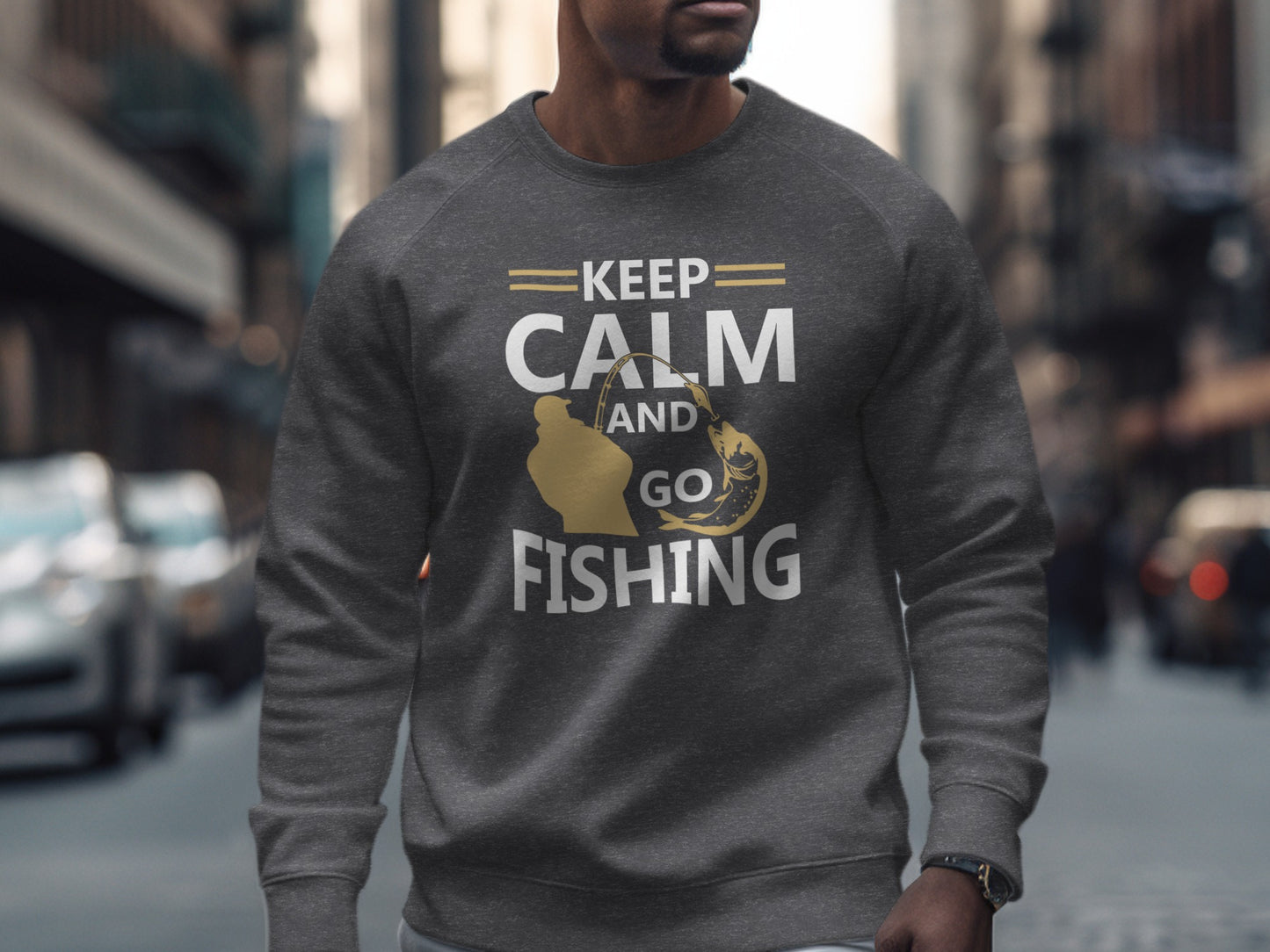 Gray sweatshirt with "Keep Calm and Go Fishing" text and fishing graphic.