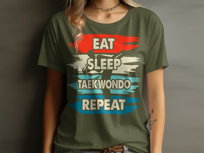 Green t-shirt with "Eat Sleep Taekwondo Repeat" in distressed white, red, and blue stripes.