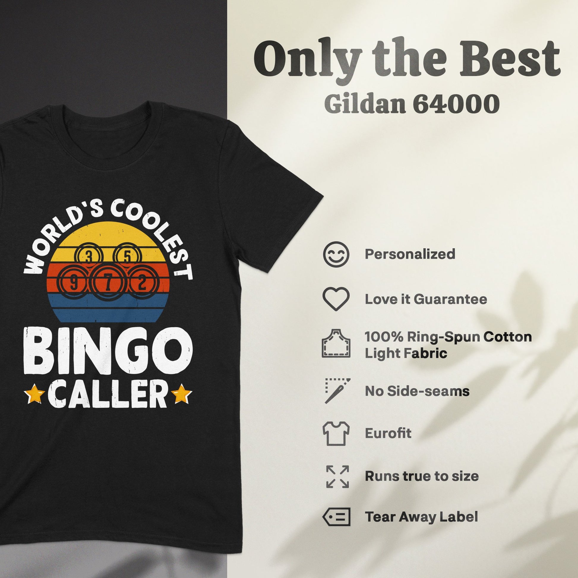 Black t-shirt with "World's Coolest Bingo Caller" graphic on chest.