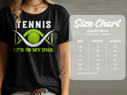Black t-shirt with "TENNIS IT'S IN MY DNA" and DNA helix with tennis ball.