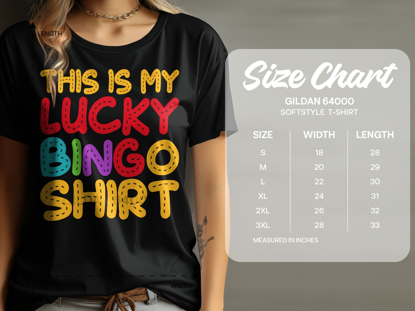Black t-shirt with "THIS IS MY LUCKY BINGO SHIRT" text and a size chart.