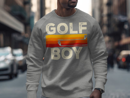 Gray sweatshirt with "GOLF BOY" and striped golf clubs graphic.