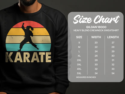 Gildan 18000 sweatshirt size chart with karate graphic.