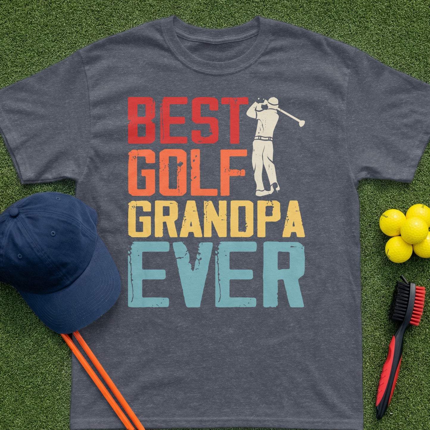 T-shirt with "BEST GOLF GRANDPA EVER" text and a golfer graphic.