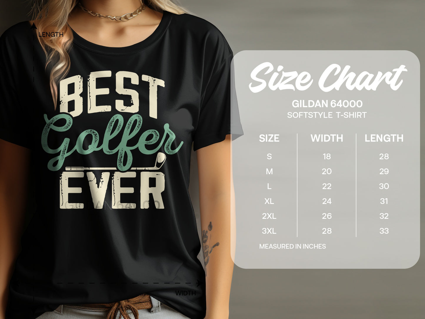 T-shirt size chart for Gildan 64000 Softstyle T-Shirt.