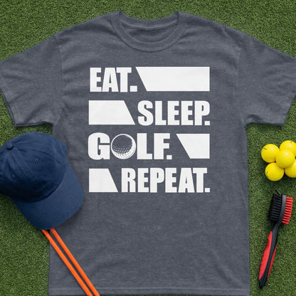 Dark gray t-shirt with "Eat. Sleep. Golf. Repeat." text, golf balls, and brush.