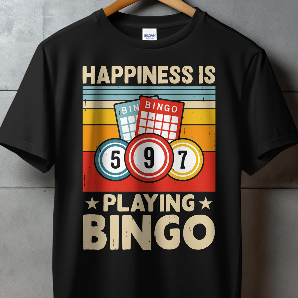 Black t-shirt with "Happiness is Playing Bingo" and bingo cards.