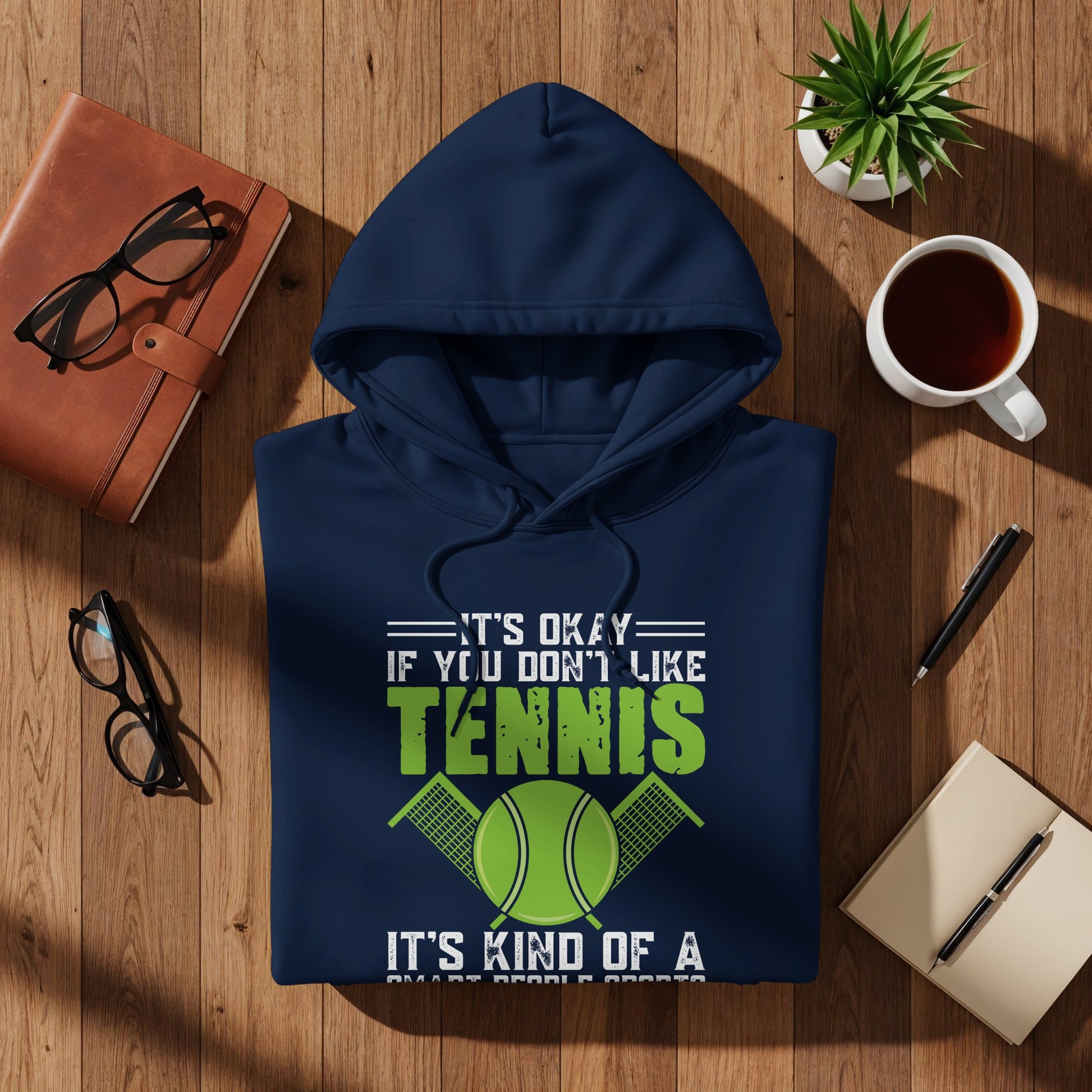 Navy hoodie with "It's okay if you don't like tennis" text and tennis ball graphic.