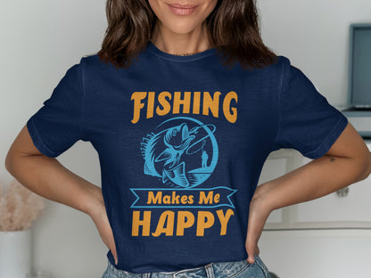 Navy t-shirt with "FISHING MAKES ME HAPPY" and a fish graphic.