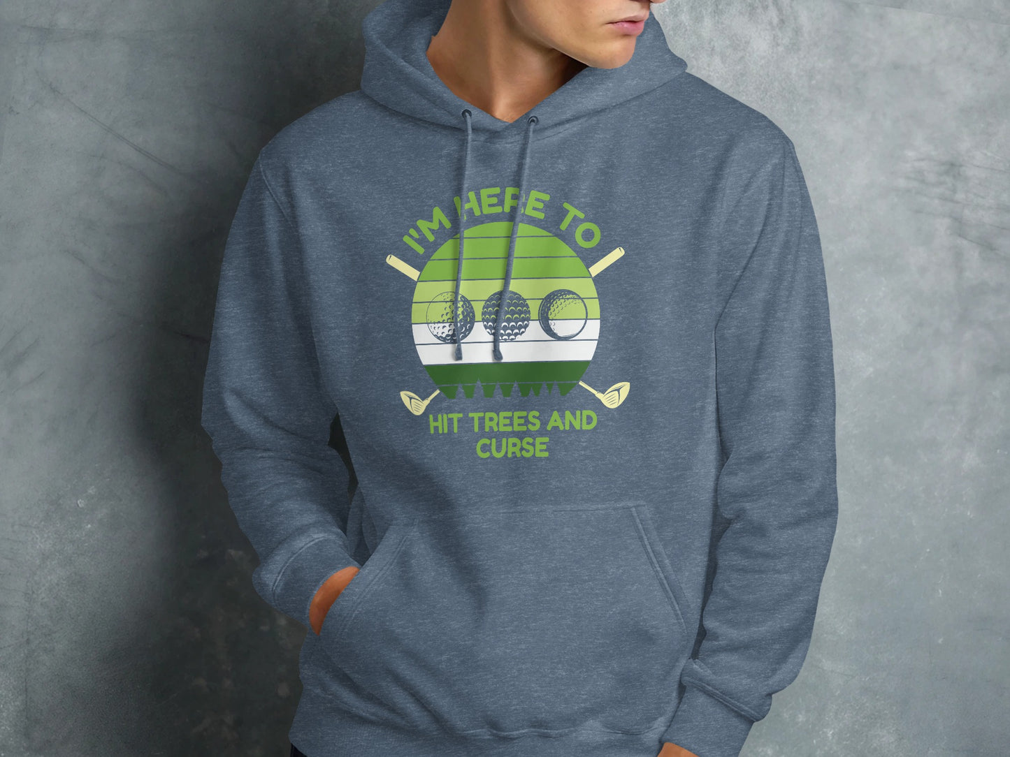 Green circle with golf balls, tees, and text "I'm here to hit trees and curse."