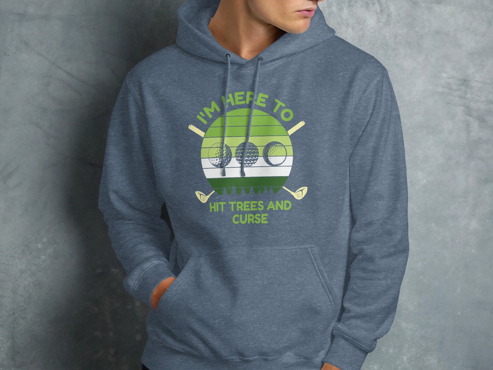 Green circle with golf balls, tees, and text "I'm here to hit trees and curse."