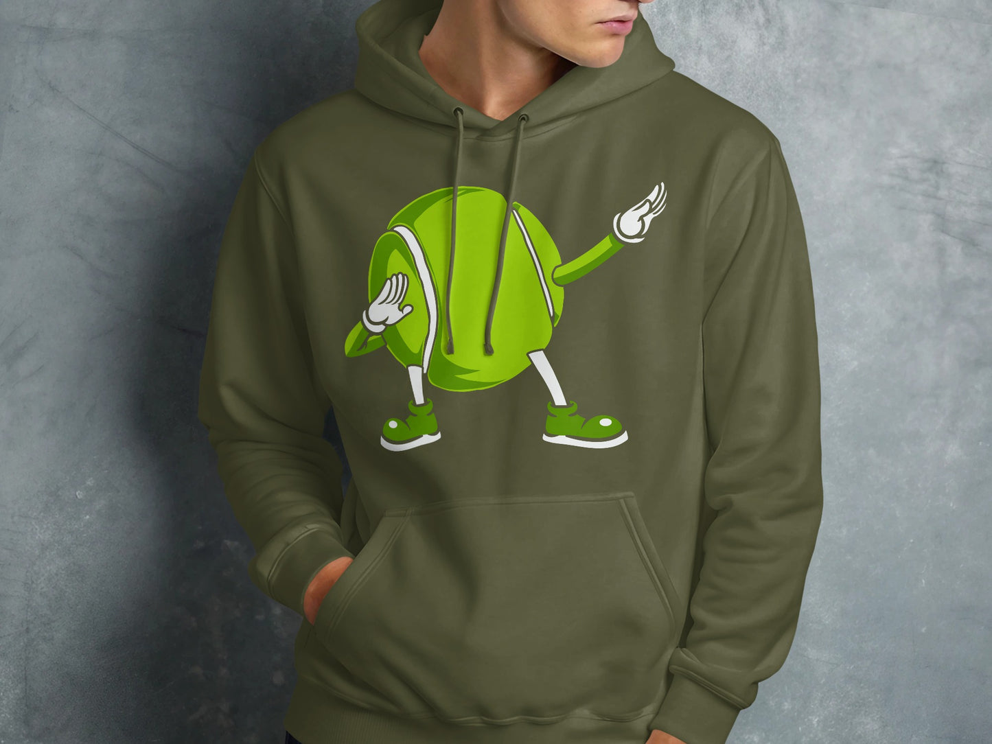 Green hoodie with cartoon tennis ball dabbing.