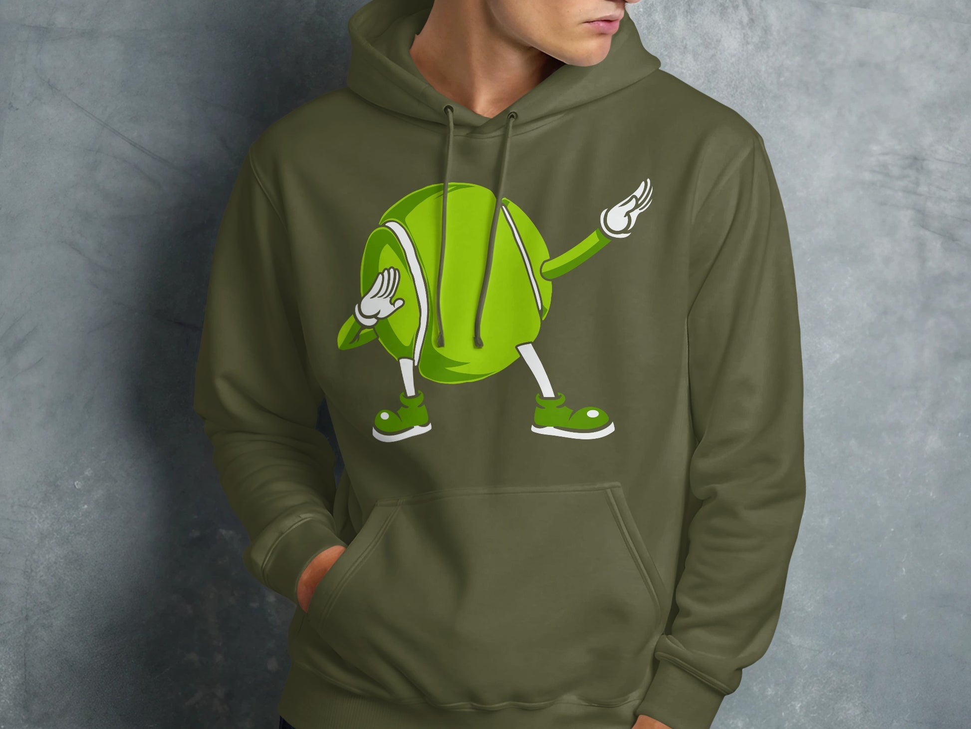 Green hoodie with cartoon tennis ball dabbing.