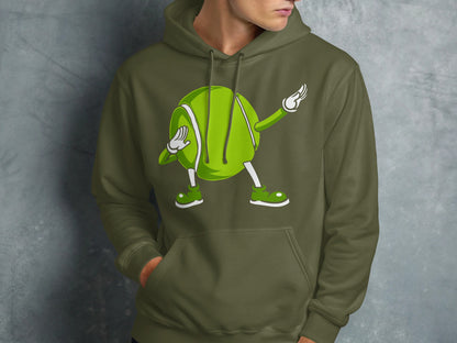 Green hoodie with cartoon tennis ball dabbing.