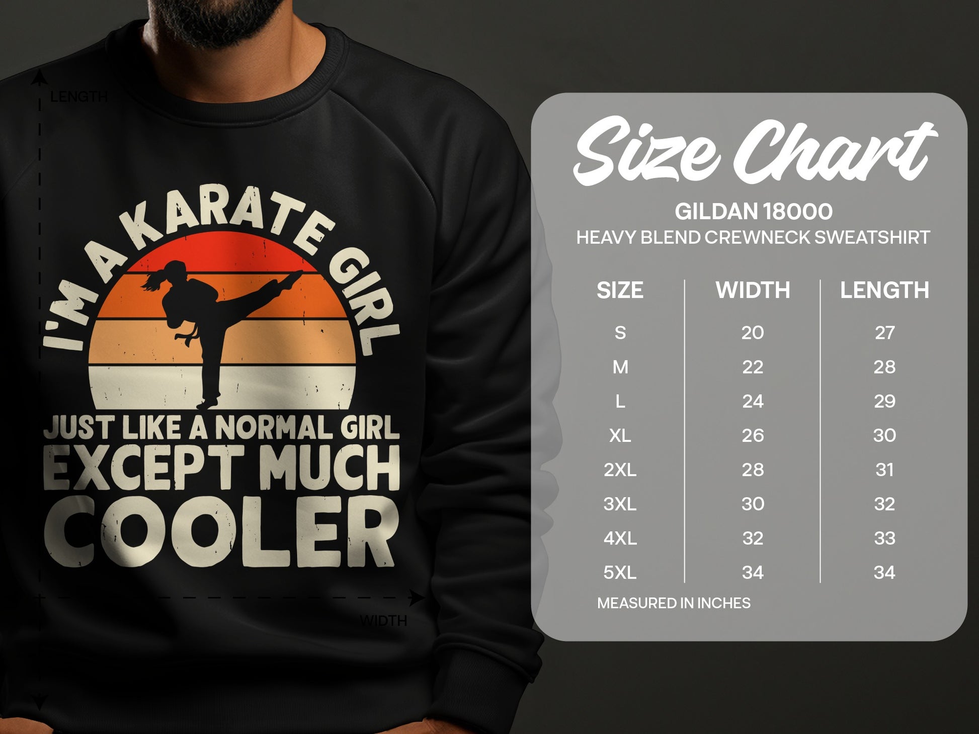 Karate girl graphic sweatshirt with size chart.