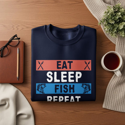 Navy sweatshirt with "Eat Sleep Fish Repeat" text and fishing graphics.