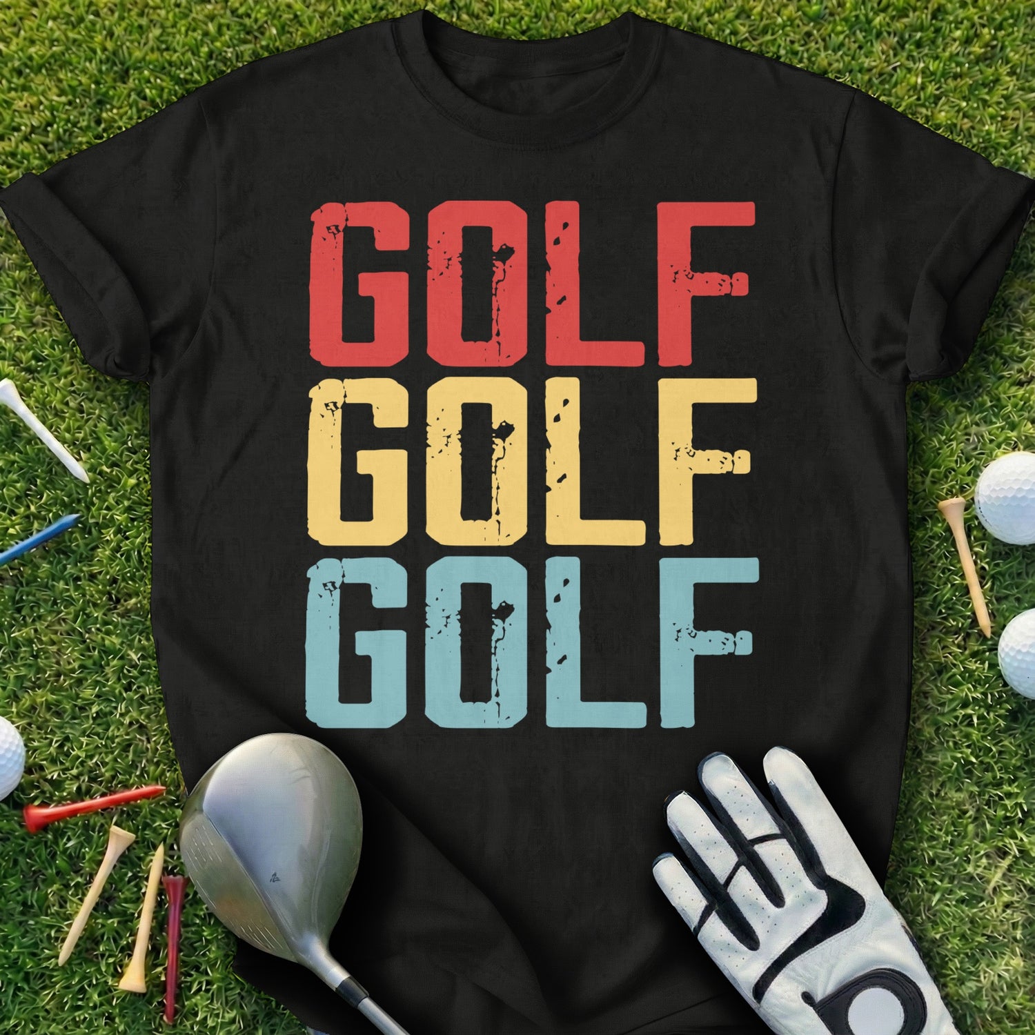 Black t-shirt with "GOLF GOLF GOLF" in red, yellow, and blue text.