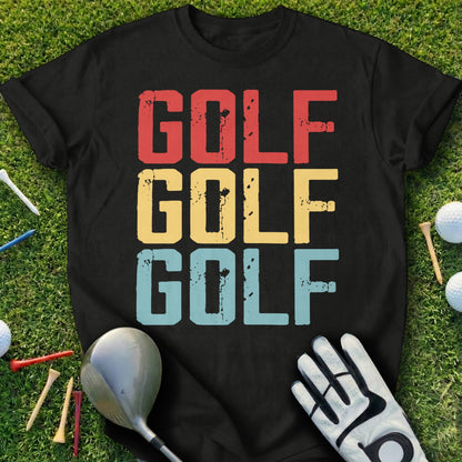 Black t-shirt with "GOLF GOLF GOLF" in red, yellow, and blue text.