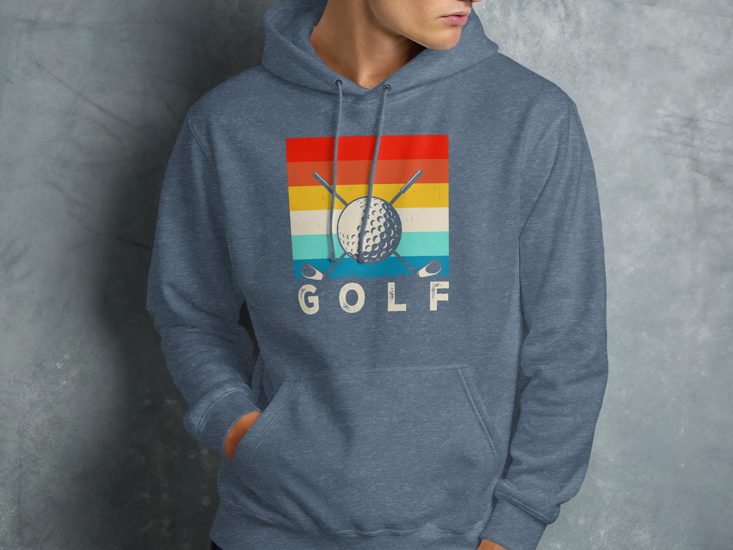 Blue hoodie with colorful sunset stripes and "GOLF" text and crossed golf clubs.