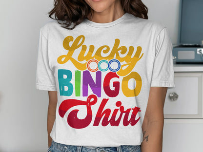 White t-shirt with "Lucky Bingo Shirt" in colorful retro lettering.