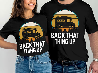Couple wearing black t-shirts with "BACK THAT THING UP" and food truck graphic.