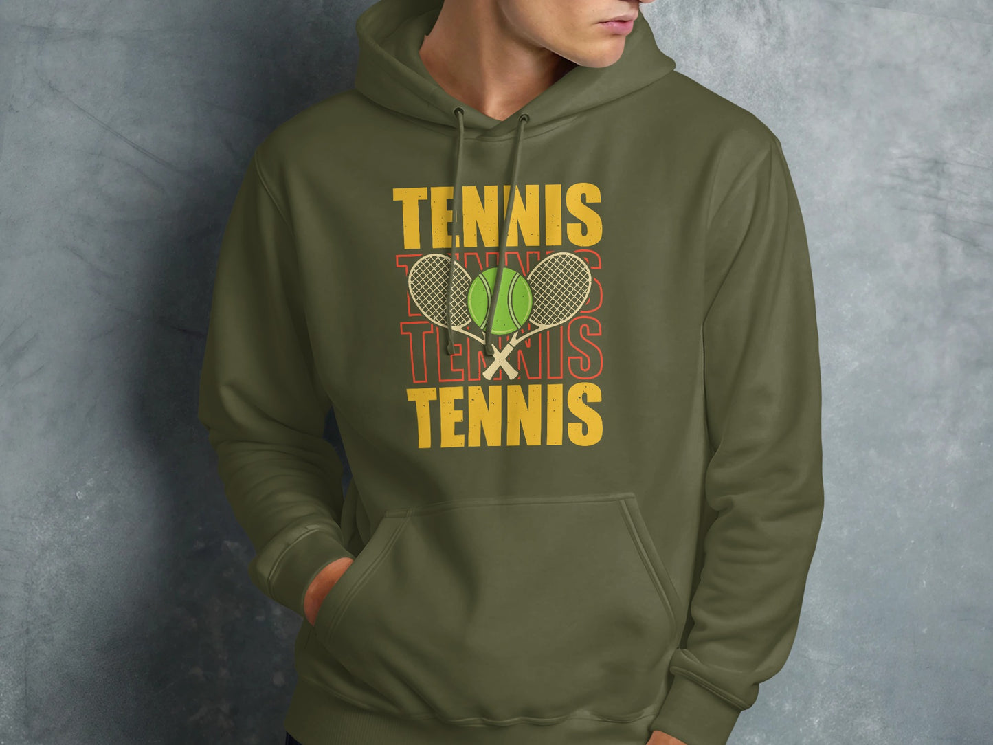 Green hoodie with stacked "TENNIS" text and tennis ball and rackets graphic.