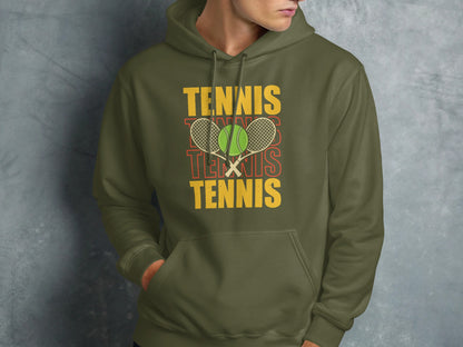 Green hoodie with stacked "TENNIS" text and tennis ball and rackets graphic.